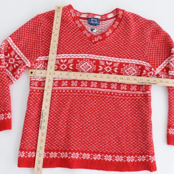 Vintage 90's Cherokee Red  & Cream Snowflake 30% Wool Knit V-Neck Sweater L - Picture 4 of 12